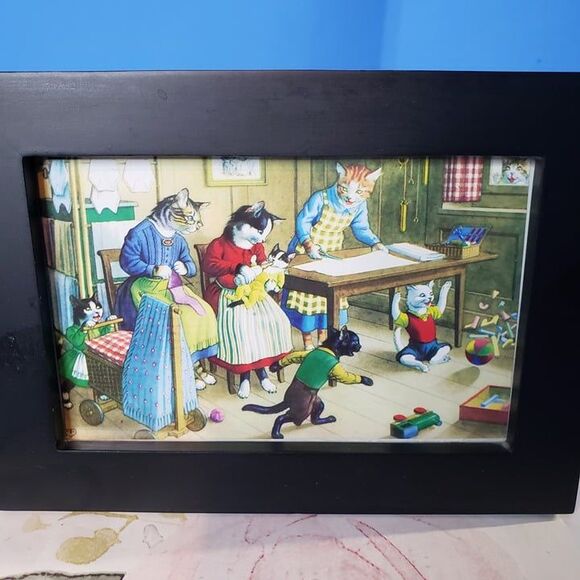 Vintage Alfred Mainzer Anthropomorphic Cats Framed Postcard Homelife Dressed - Picture 1 of 11